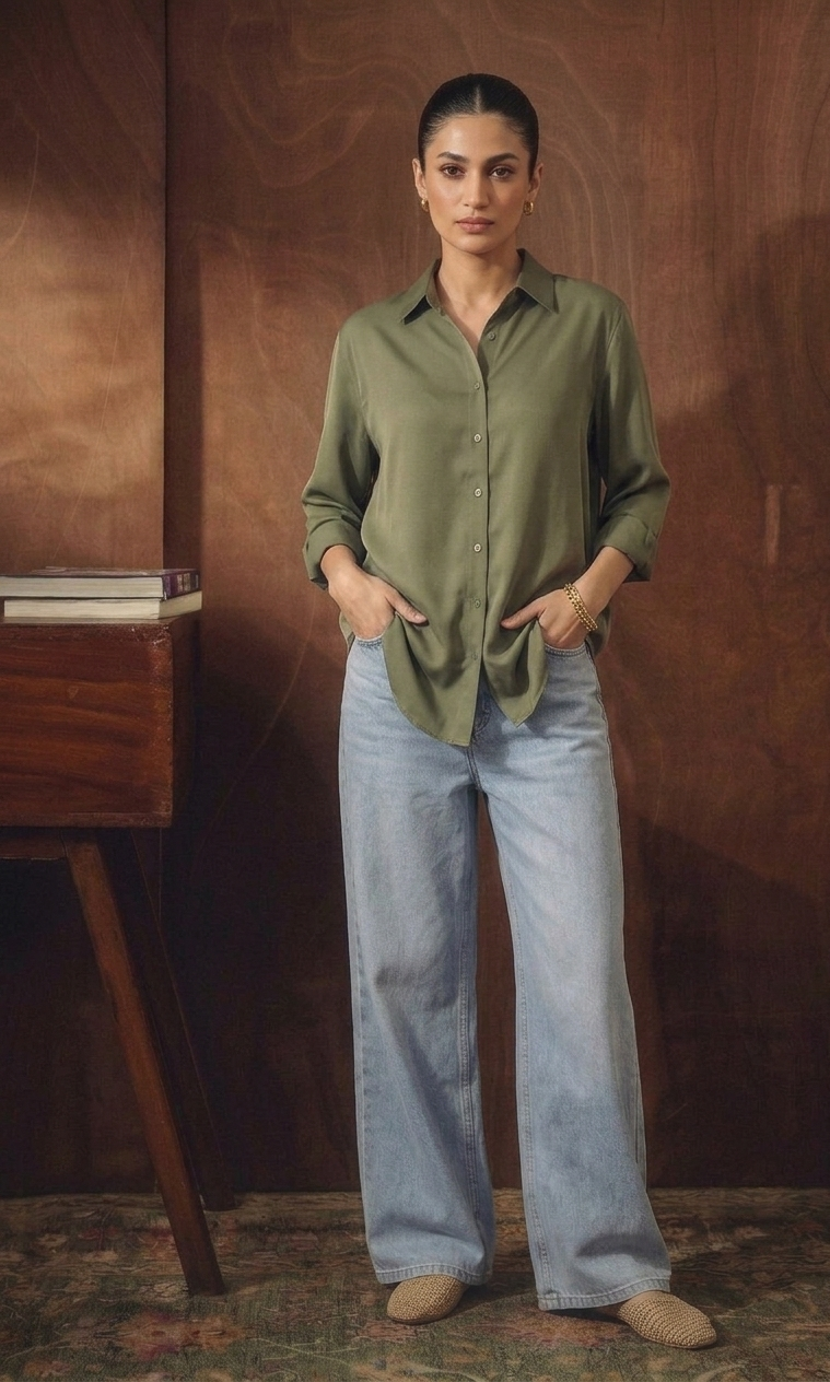 OLIVE GREEN BUTTON DOWN SHIRT WITH ICEBLUE WIDE LEG JEANS