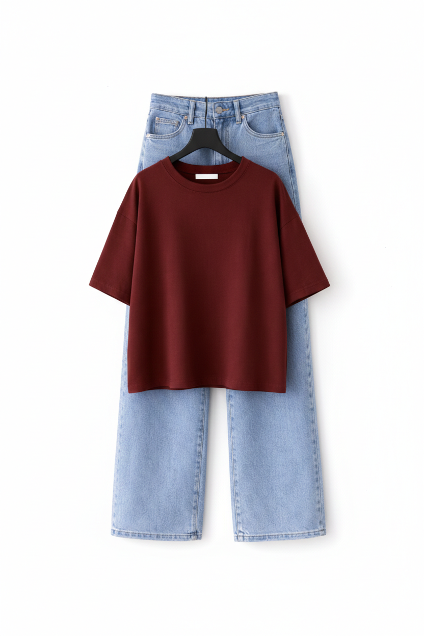 MAROON DROP TEE SHIRT WITH ICE-BLUE WIDE LEG JEANS