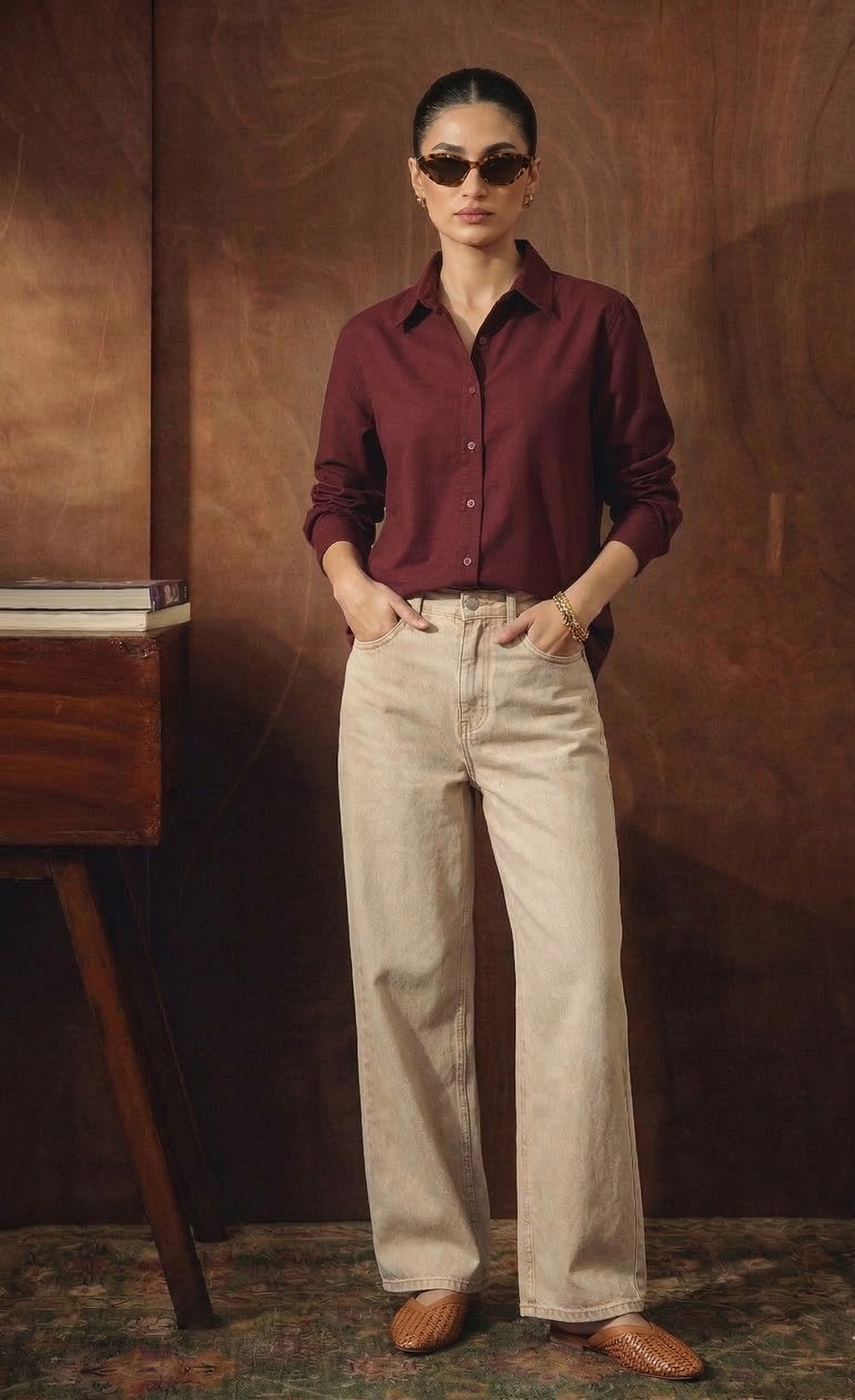 MAROON BUTTON DOWN SHIRT WITH BEIGE WIDE LEG JEANS