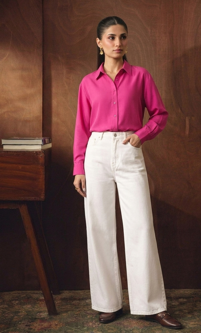 HOT-PINK BUTTON DOWN SHIRT WITH WHITE WIDE LEG JEANS