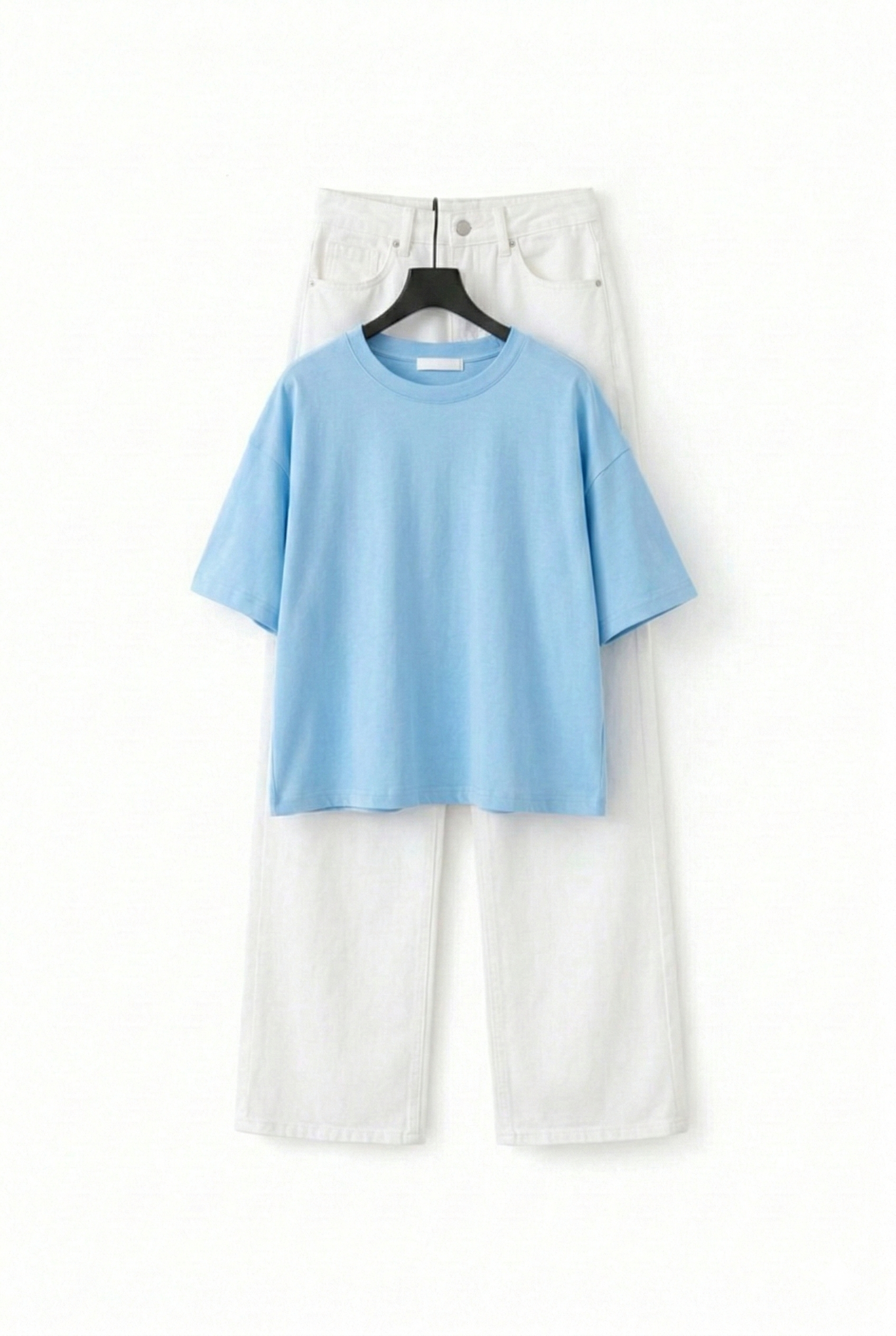SKY-BLUE DROP TEE SHIRT WITH WHITE WIDE LEG JEANS
