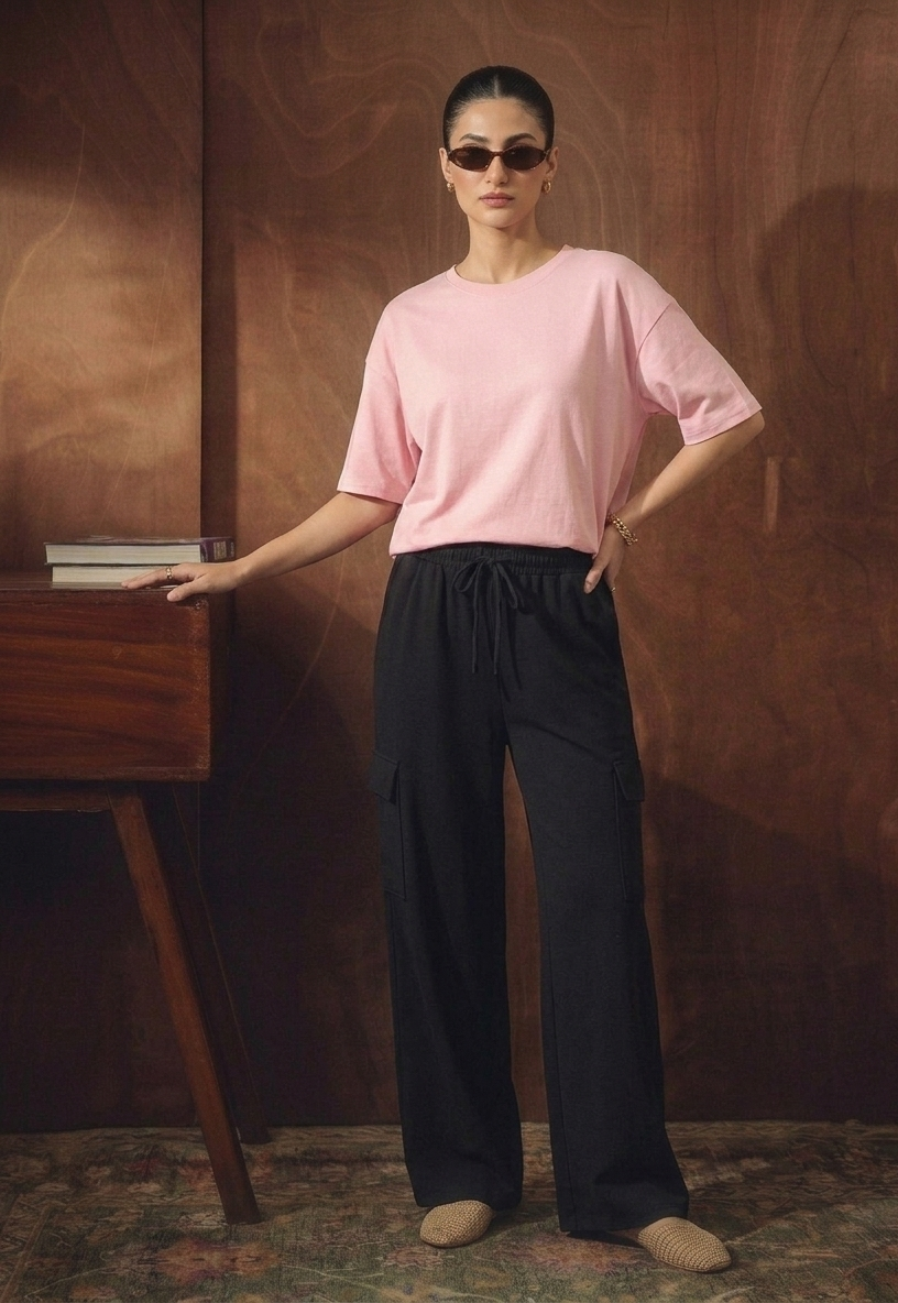 Baby Pink Drop Shoulder Tee & Black Cargo Flapper Trouser
