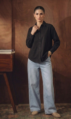 BLACK BUTTON DOWN SHIRT WITH ICEBLUE WIDE LEG JEANS