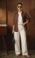 BROWN BUTTON DOWN SHIRT WITH WHITE INNER & WHITE WIDE LEG JEANS