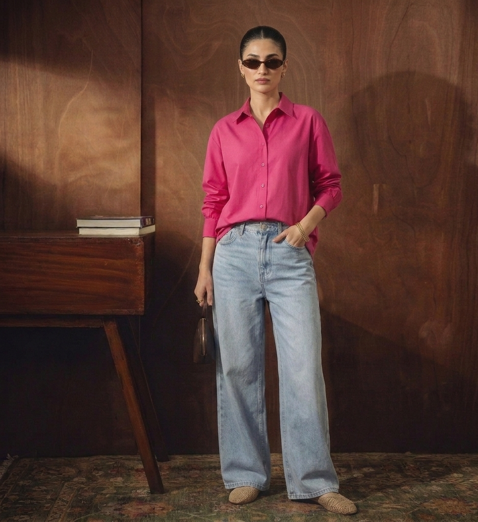 HOT PINK BUTTON DOWN WITH ICEBLUE WIDE LEG JEANS