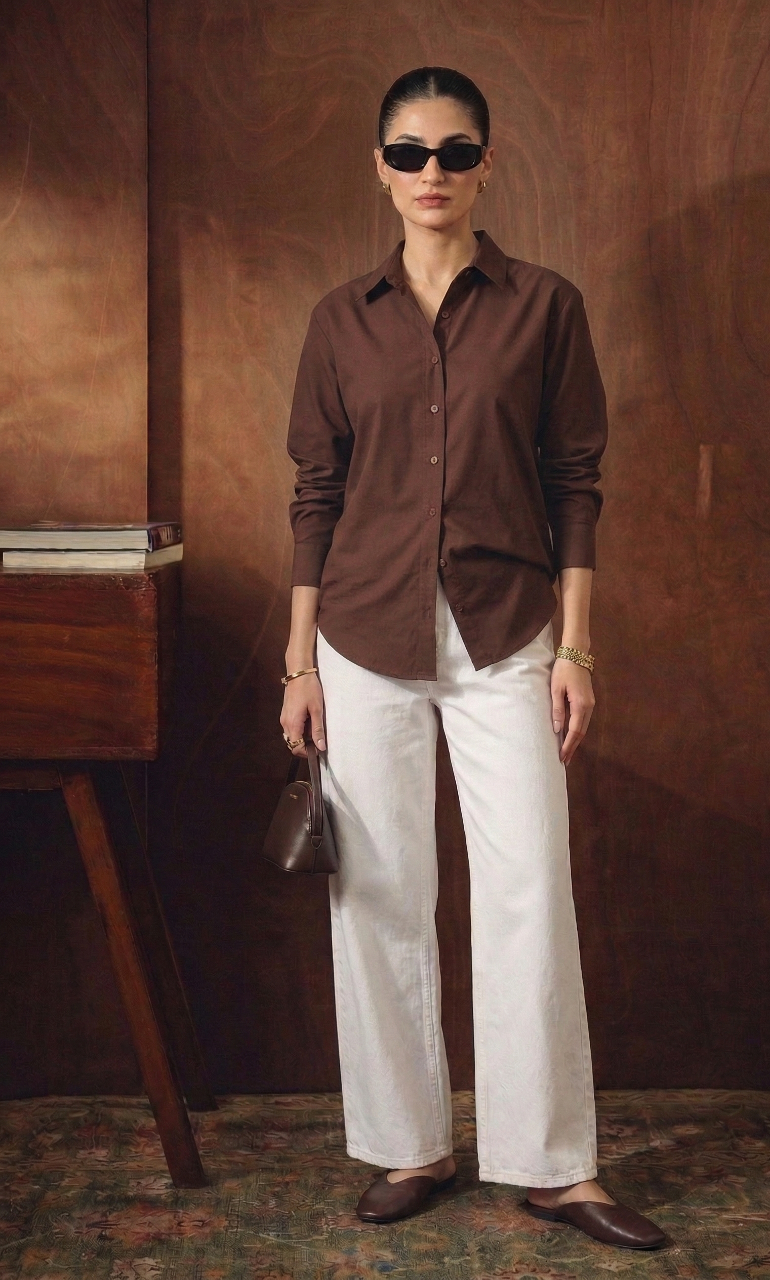 DARK-BROWN BUTTON DOWN SHIRT WITH WHITE WIDE LEG JEANS