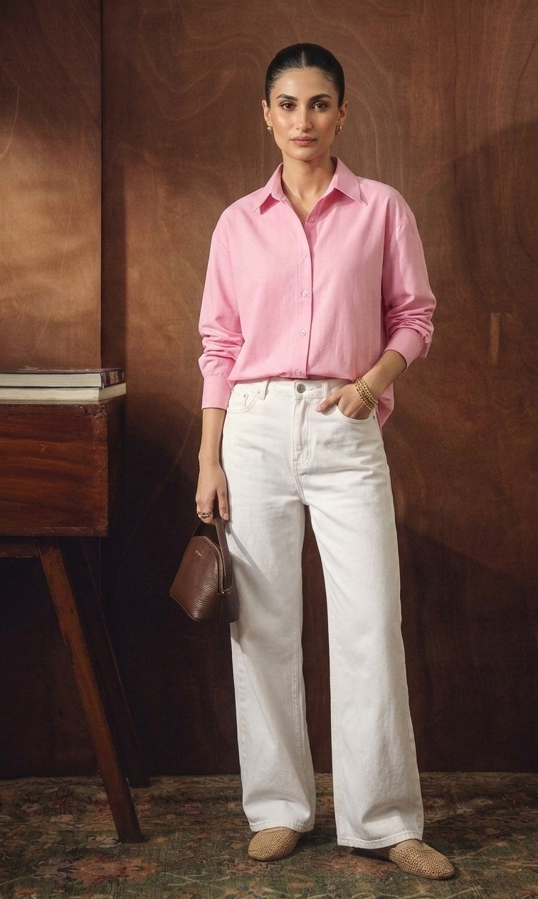 BABYPINK BUTTON DOWN SHIRT WITH WHITE WIDE LEG JEANS