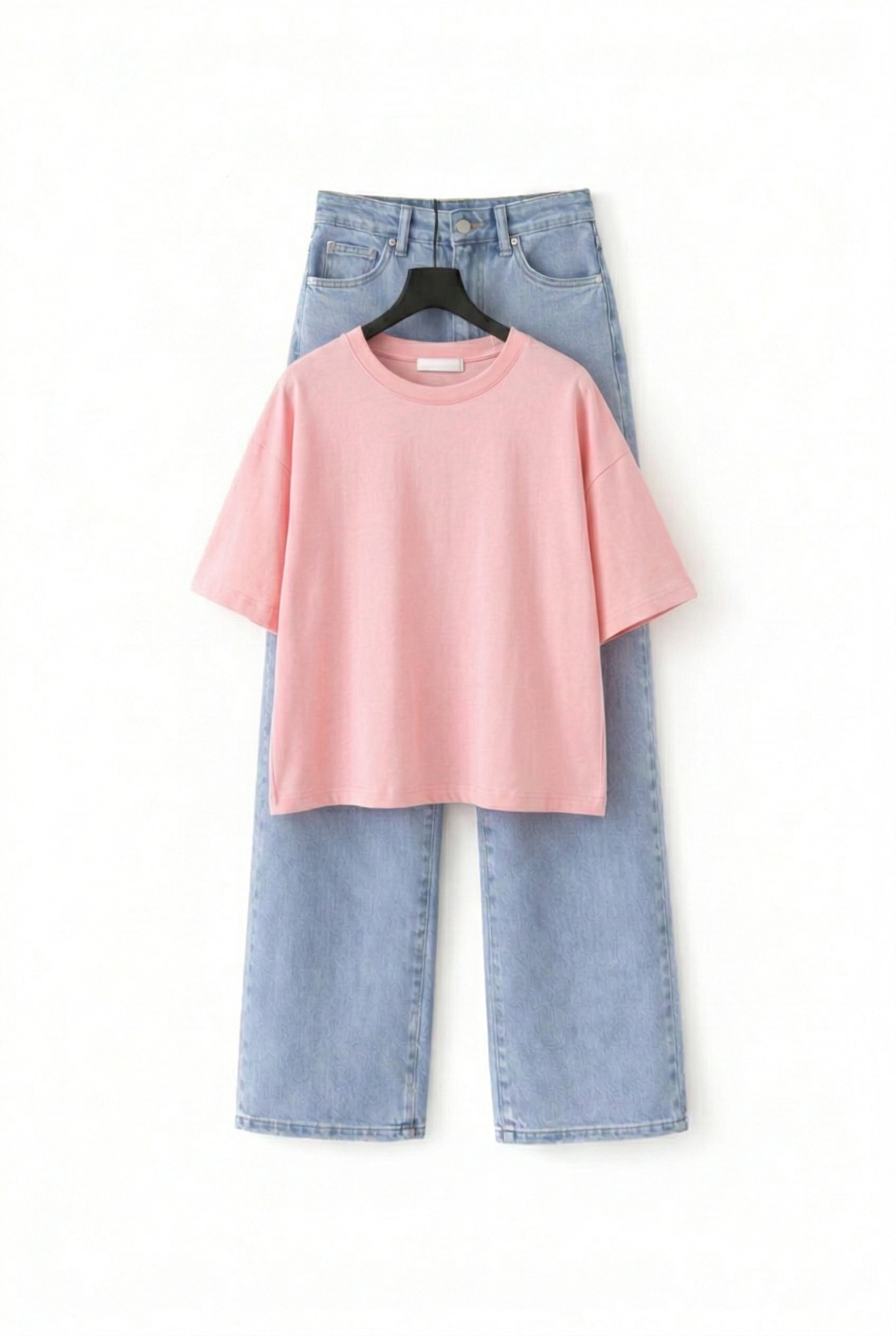 BABY PINK DROP TEE SHIRT WITH ICE-BLUE WIDE LEG JEANS