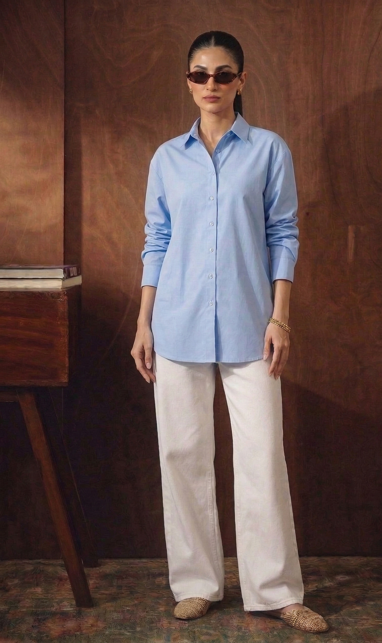 SKY-BLUE BUTTON DOWN SHIRT WITH WHITE WIDE LEG JEANS