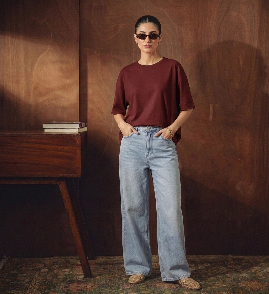 MAROON DROP TEE SHIRT WITH ICE-BLUE WIDE LEG JEANS