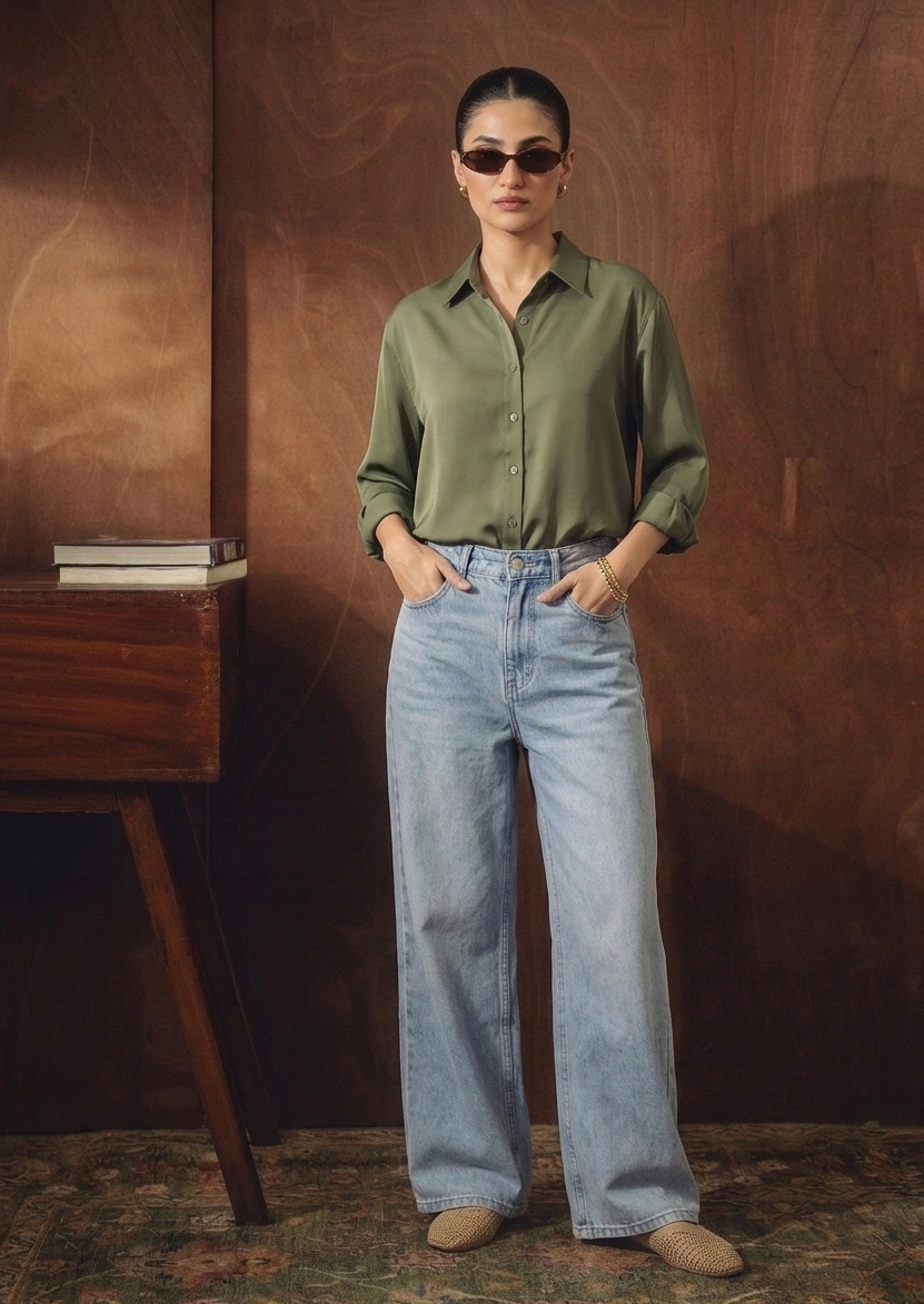 OLIVE GREEN BUTTON DOWN SHIRT WITH ICEBLUE WIDE LEG JEANS