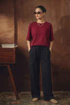 Maroon Drop Shoulder Tee & Black Cargo Flapper Trouser