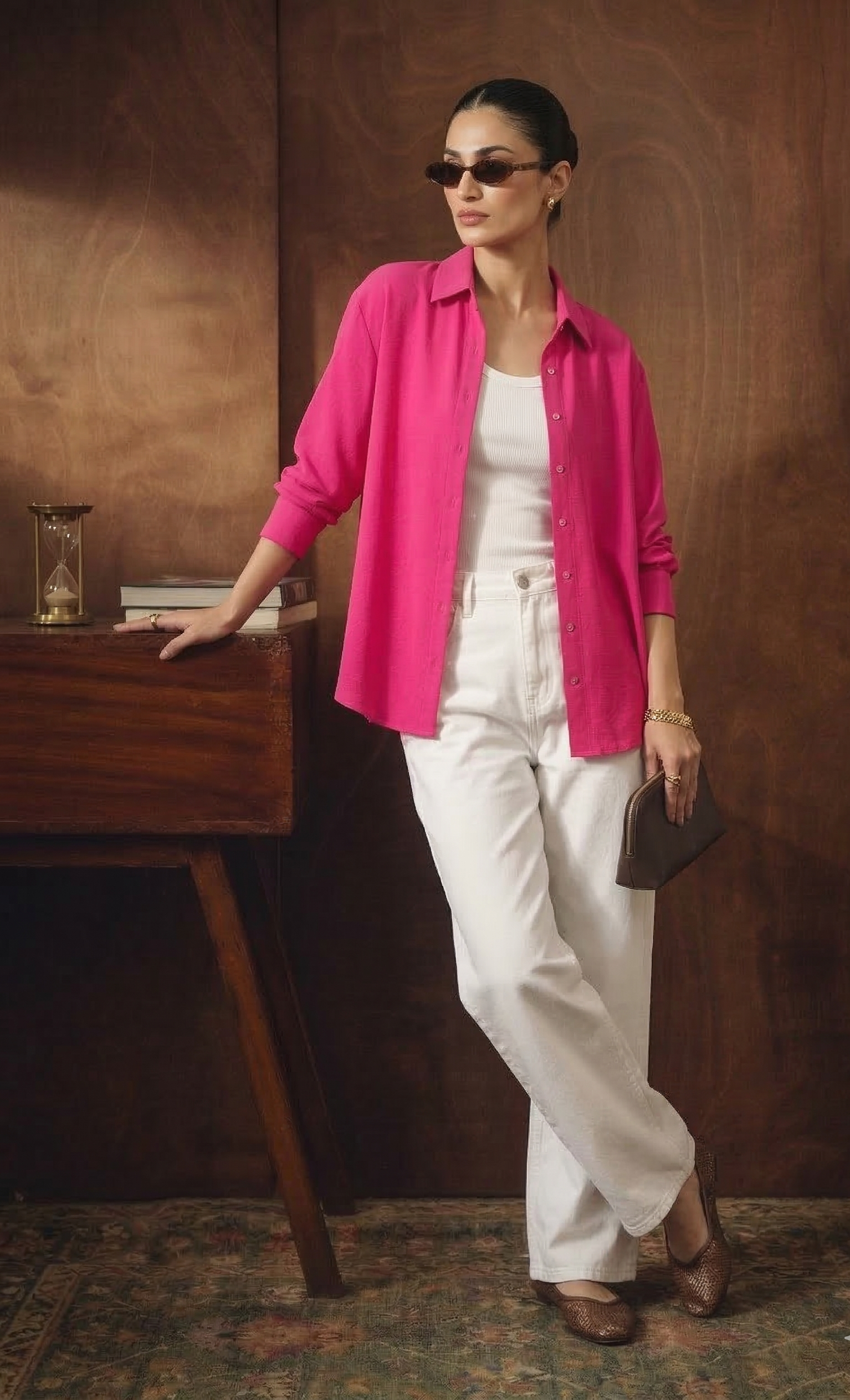 HOT PINK BUTTON DOWN SHIRT WITH INNER & WHITE WIDE LEG JEANS