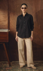 BLACK BUTTON DOWN SHIRT WITH BEIGE WIDE LEG JEANS
