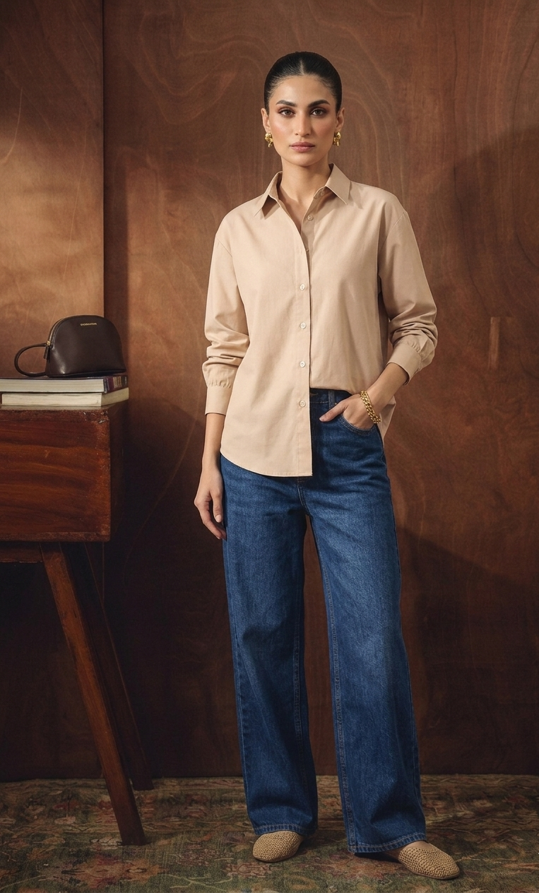 BEIGE BUTTON DOWN SHIRT & MID-BLUE WIDE LEG JEANS