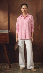 BABYPINK BUTTON DOWN SHIRT WITH WHITE WIDE LEG JEANS