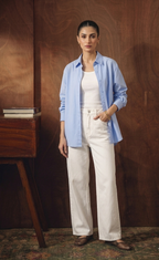 SKY BLUE BUTTON DOWN SHIRT WITH INNER & WHITE WIDE LEG JEANS