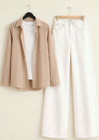 BEIGE & BROWN LINING BUTTON DOWN SHIRT WITH INNER & WHITE WIDE LEG JEANS