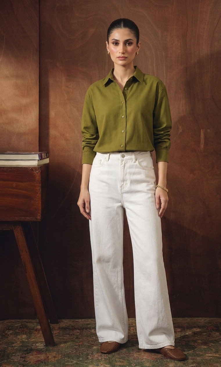 OLIVE-GREEN BUTTON DOWN SHIRT WITH WHITE WIDE LEG JEANS