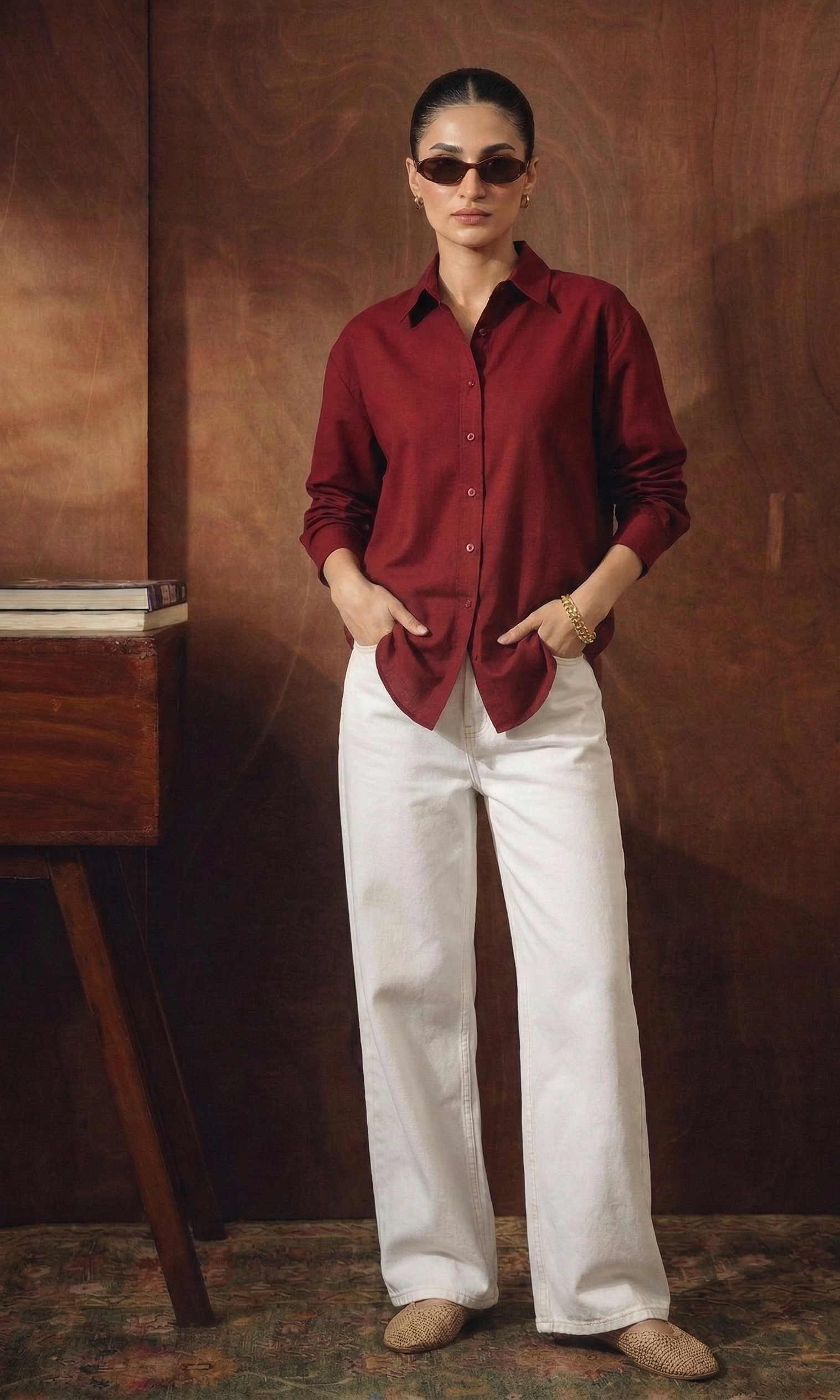 MAROON BUTTON DOWN SHIRT WITH WHITE WIDE LEG JEANS