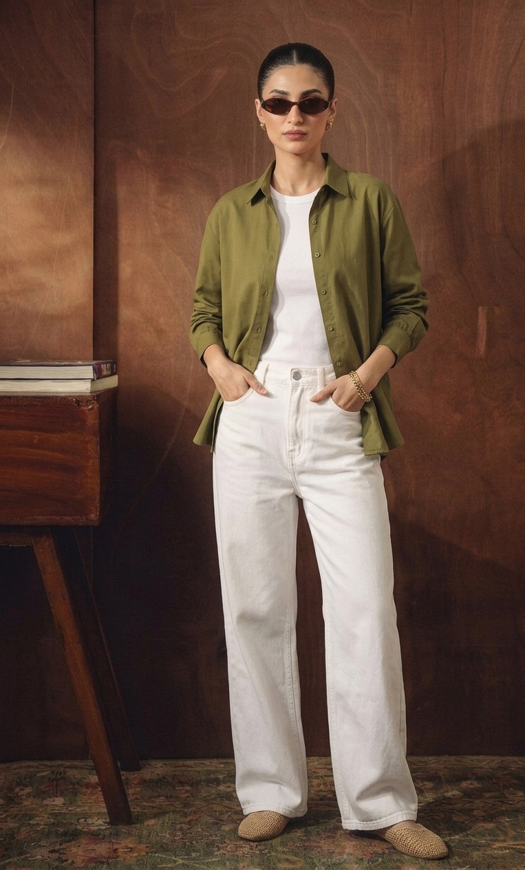 OLIVE GREEN BUTTON DOWN SHIRT WITH INNER & WHITE WIDE LEG JEANS