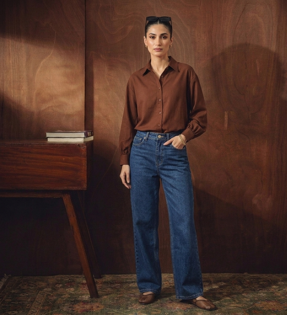 BROWN BUTTON DOWN SHIRT & MID-BLUE WIDE LEG JEANS