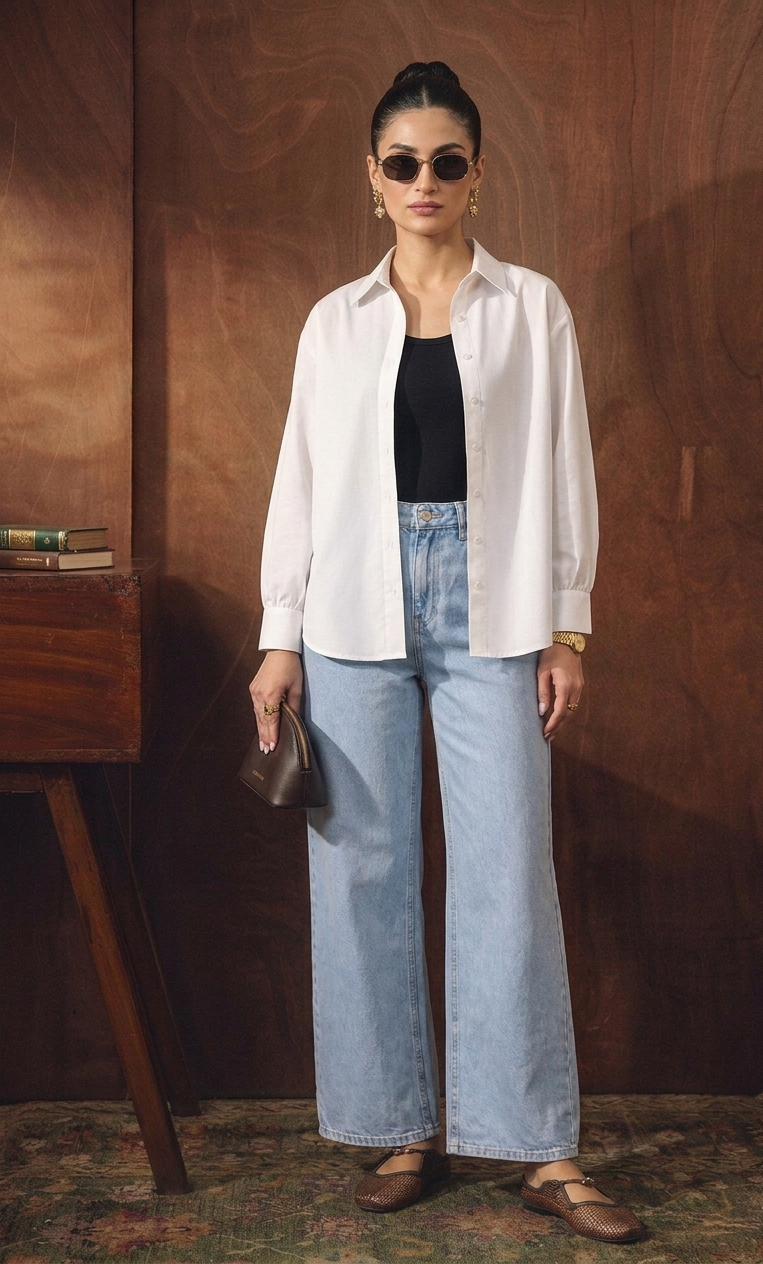 WHITE BUTTON DOWN SHIRT WITH BLACK INNER & ICE-BLUE WIDE LEG JEANS