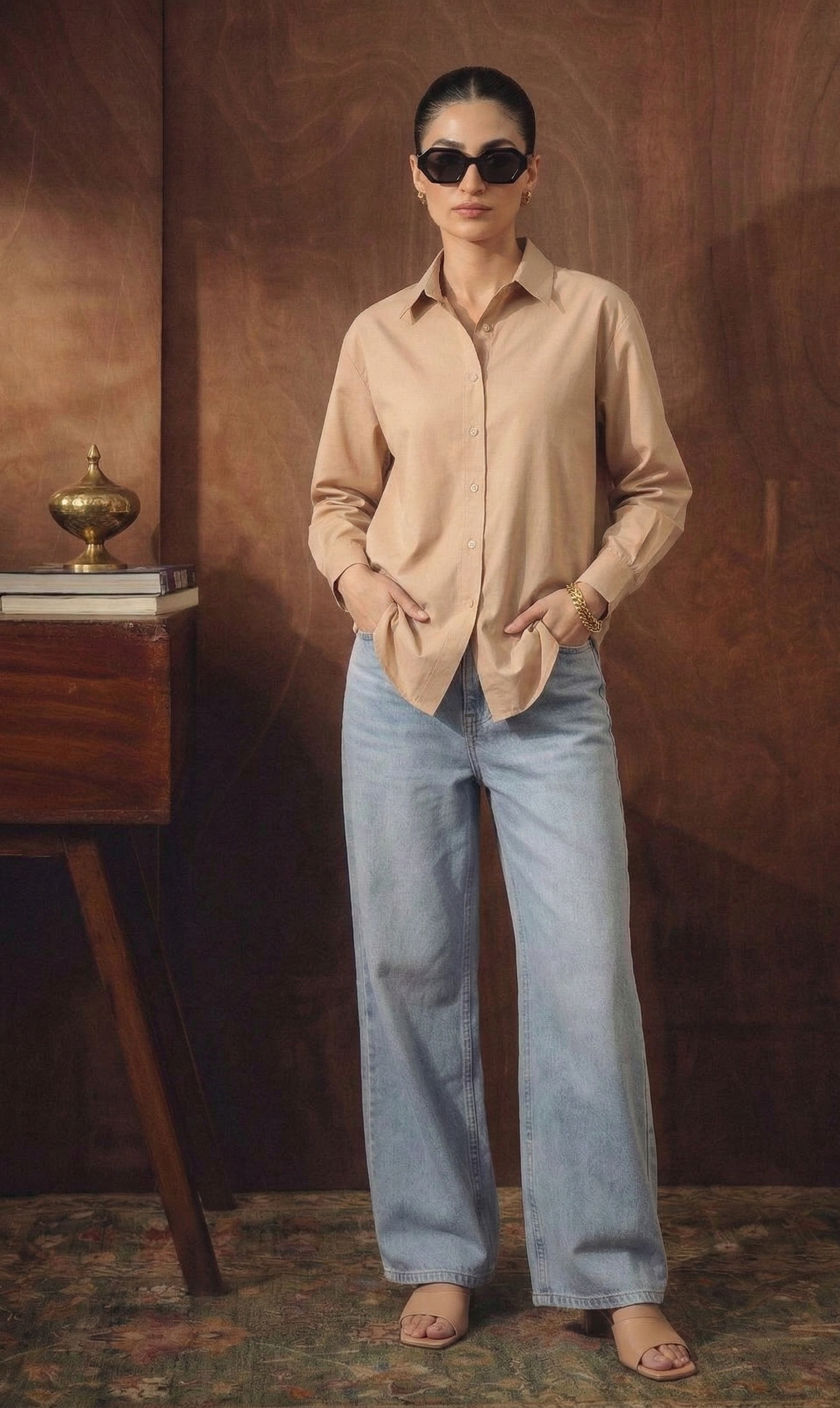 BEIGE BUTTON DOWN SHIRT & ICE-BLUE WIDE LEG JEANS