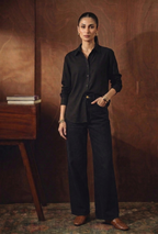 BLACK BUTTON DOWN SHIRT WITH BLACK WIDE LEG JEANS