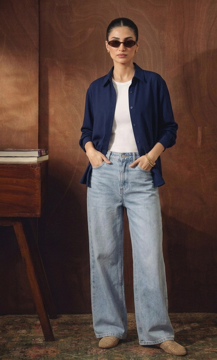 NAVY-BLUE BUTTON DOWN SHIRT WITH INNER & ICE-BLUE WIDE LEG JEANS