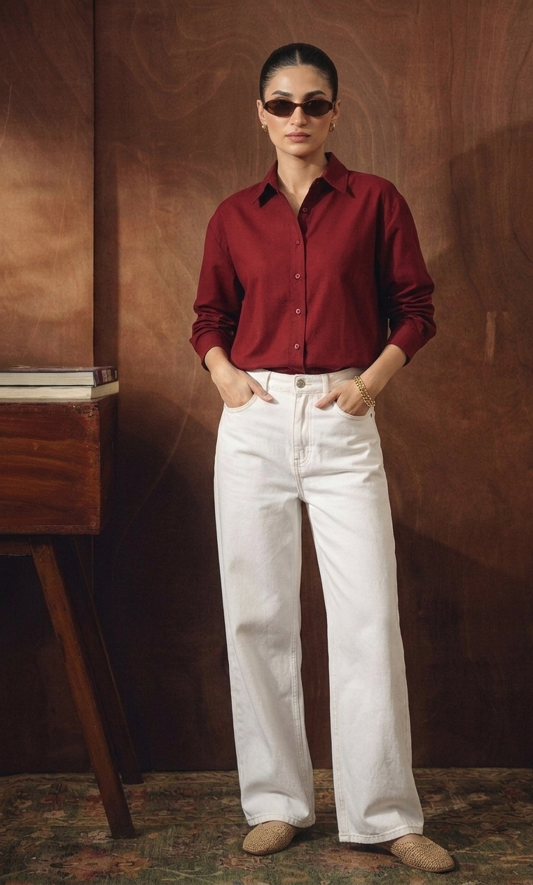 MAROON BUTTON DOWN SHIRT WITH WHITE WIDE LEG JEANS