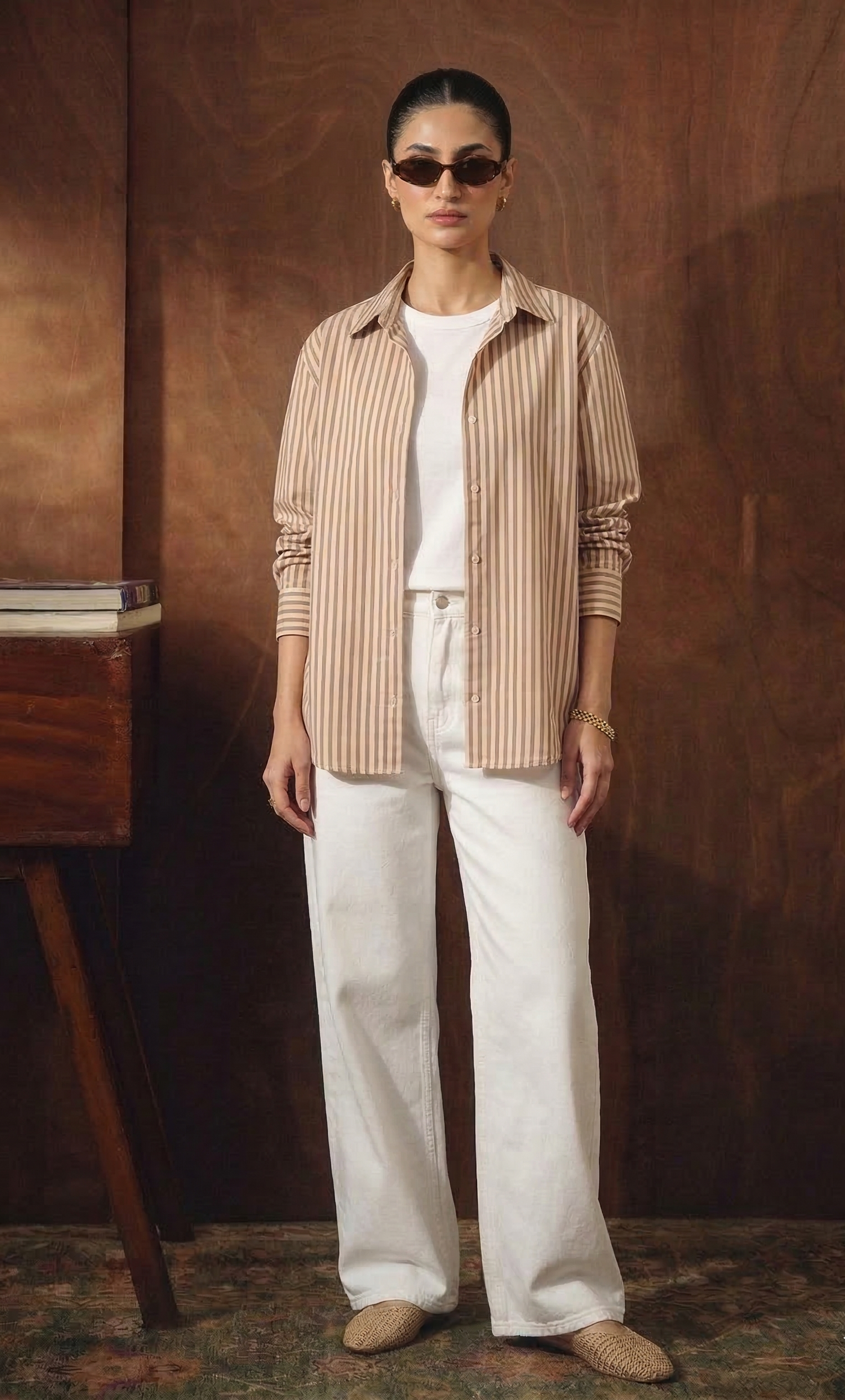 BEIGE & BROWN LINING BUTTON DOWN SHIRT WITH INNER & WHITE WIDE LEG JEANS