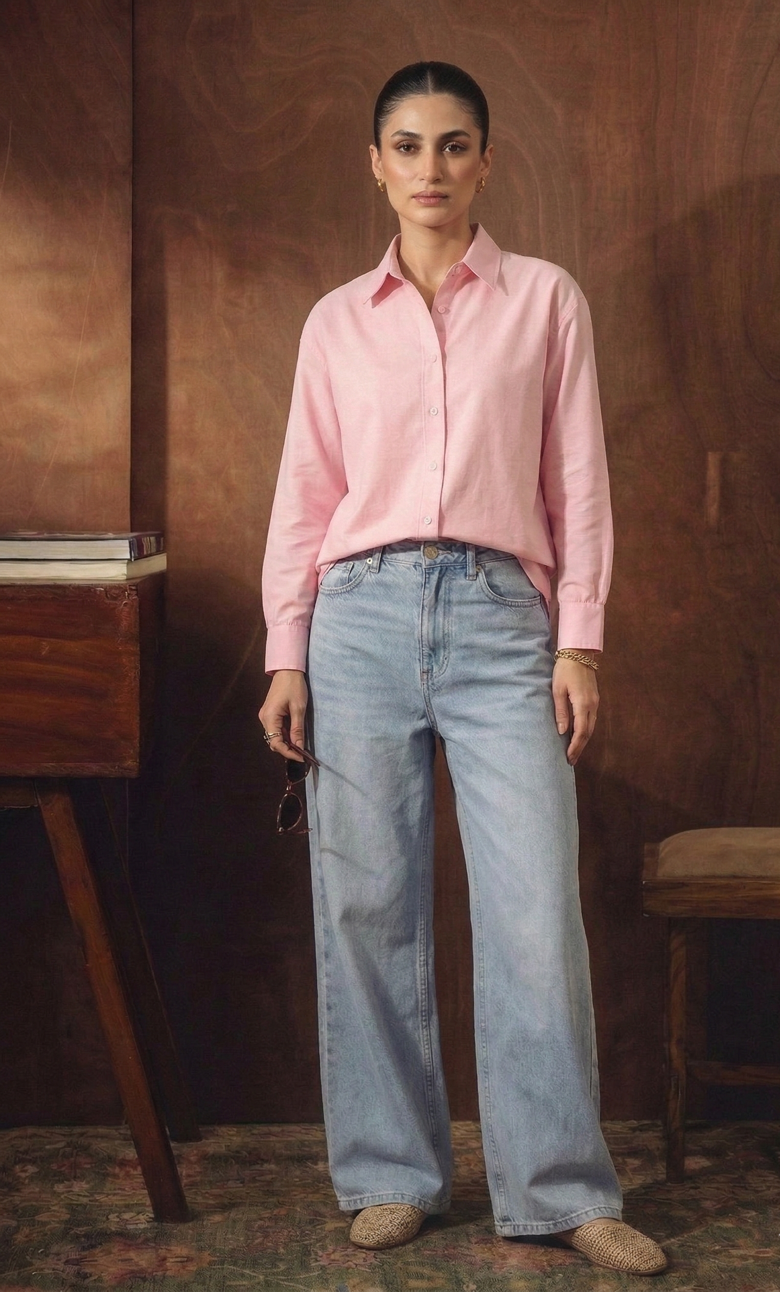 BABY PINK BUTTON DOWN WITH ICEBLUE WIDE LEG JEANS