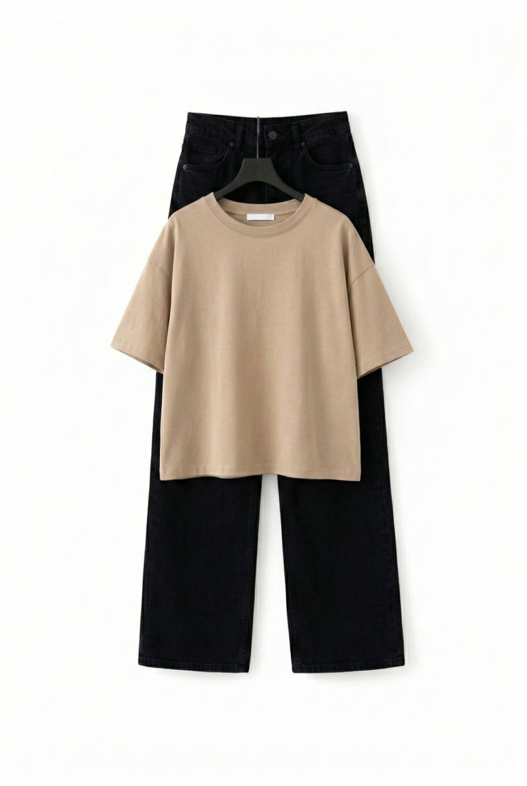 BEIGE DROP TEE SHIRT WITH JET-BLACK WIDE LEG JEANS