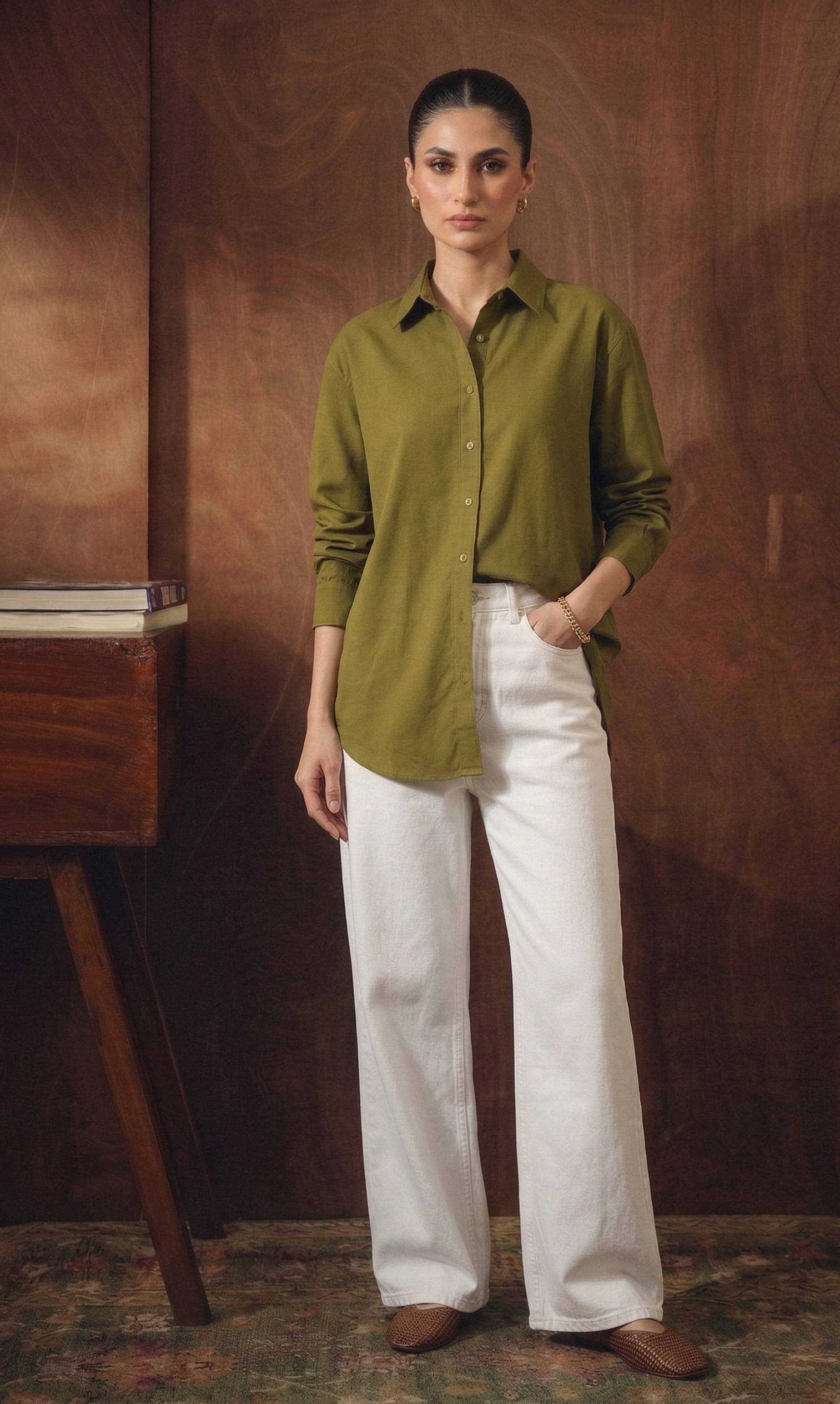 OLIVE-GREEN BUTTON DOWN SHIRT WITH WHITE WIDE LEG JEANS