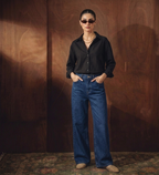 BLACK BUTTON DOWN SHIRT WITH MID-BLUE WIDE LEG JEANS