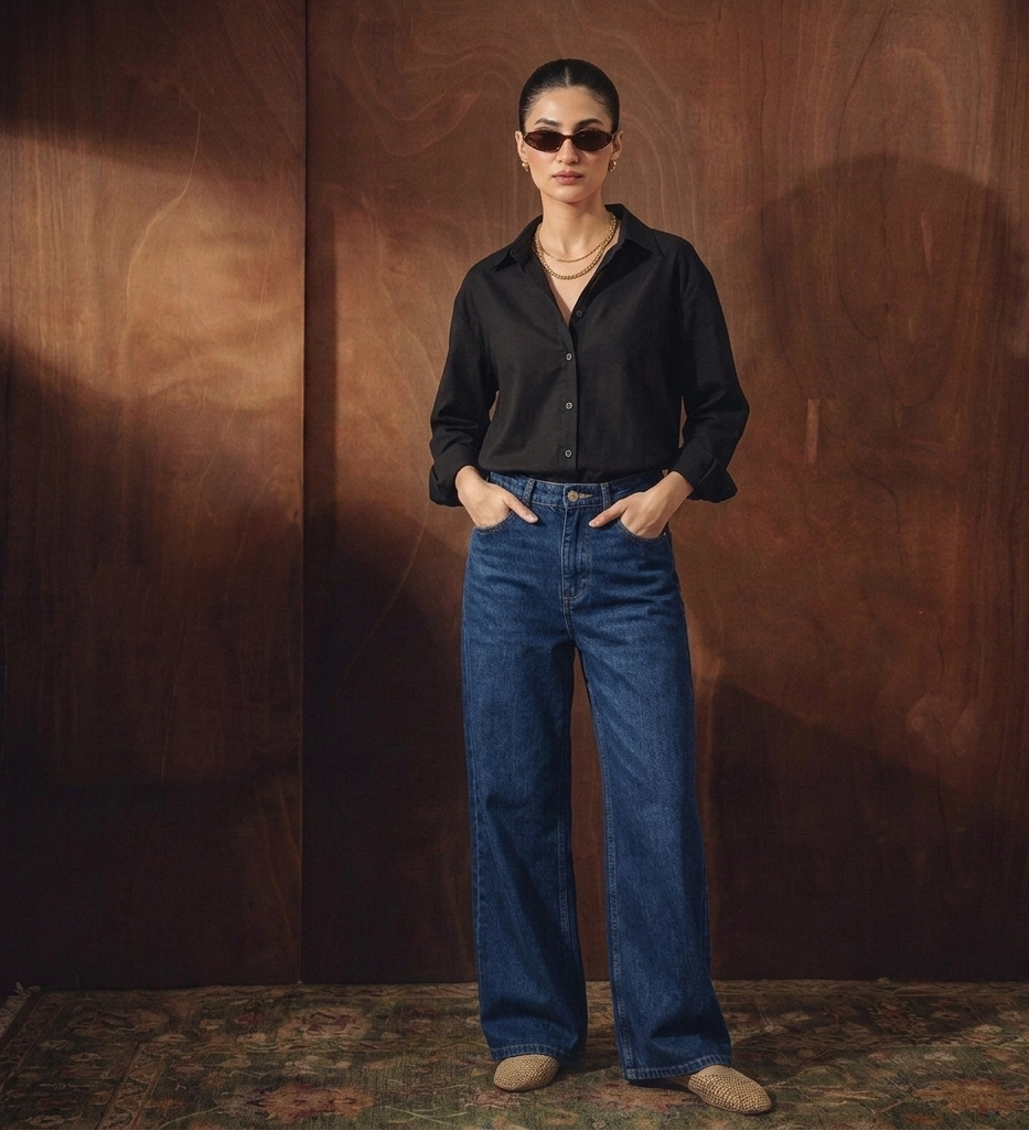 BLACK BUTTON DOWN SHIRT WITH MID-BLUE WIDE LEG JEANS