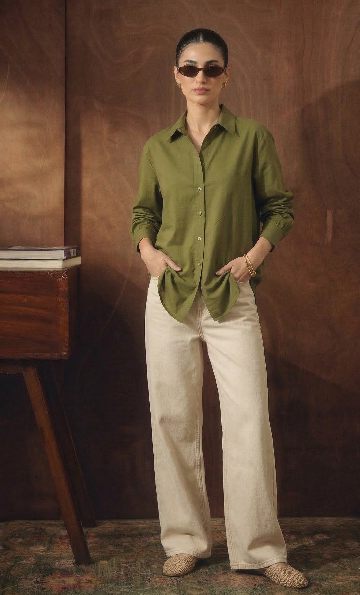 OLIVE GREEN BUTTON DOWN SHIRT WITH BEIGE WIDE LEG JEANS