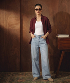 MAROON BUTTON DOWN SHIRT WITH INNER & ICE-BLUE WIDE LEG JEANS