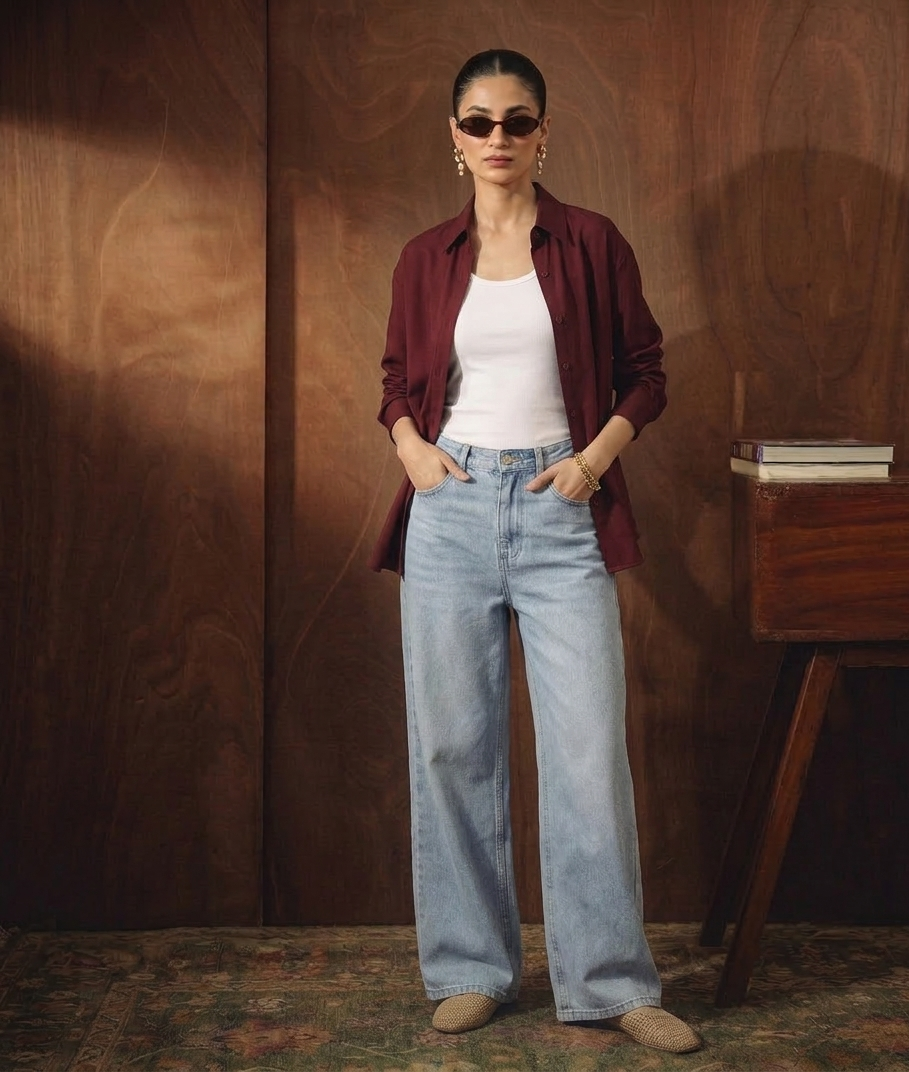 MAROON BUTTON DOWN SHIRT WITH INNER & ICE-BLUE WIDE LEG JEANS