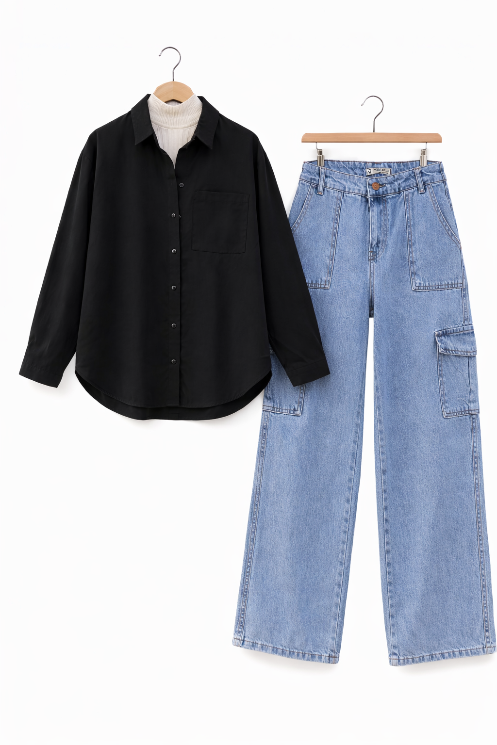 BLACK BUTTON DOWN SHIRT WITH INNER & ICE-BLIUE CARGO JEANS