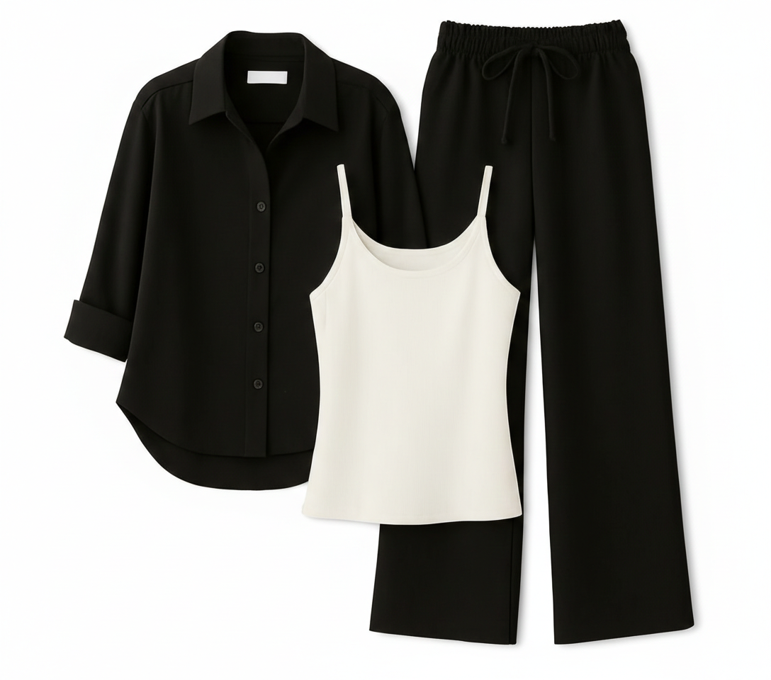 BLACK BUTTON DOWN SHIRT WITH WHITE INNER & BLACK FLAPPER TROUSER