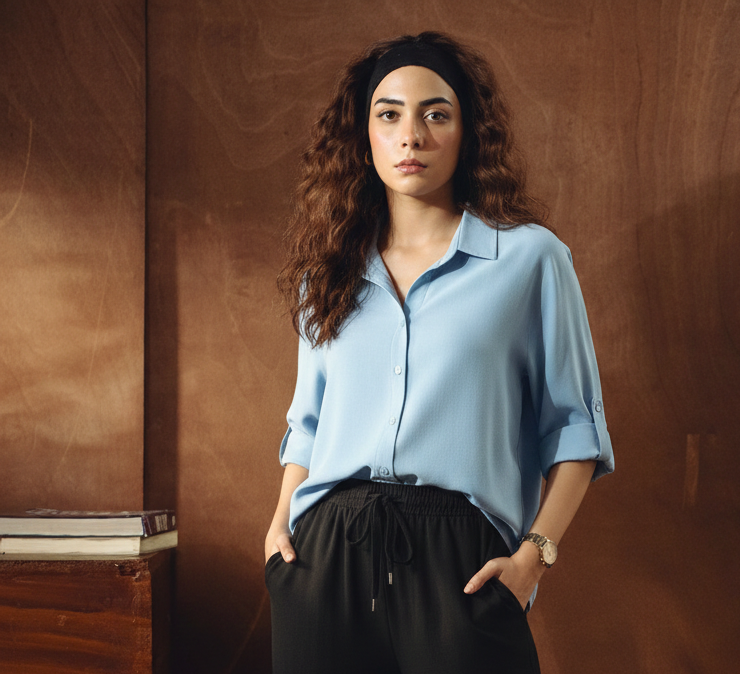 SKY BLUE BUTTON DOWN SHIRT WITH BLACK FLAPPER TROUSER