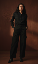 BLACK BUTTON DOWN SHIRT WITH BLACK CARGO JEANS