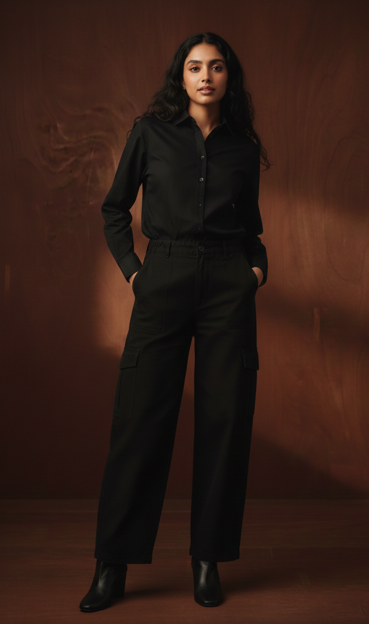 BLACK BUTTON DOWN SHIRT WITH BLACK CARGO JEANS