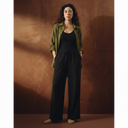 Olive Green Button Down Shirt With Black Inner & Black Flapper Trouser