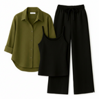 Olive Green Button Down Shirt With Black Inner & Black Flapper Trouser