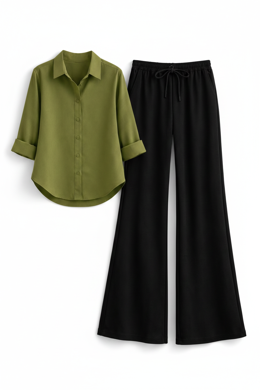 OLIVE GREEN BUTTON DOWN SHIRT WITH BLACK FLAPPER TROUSER