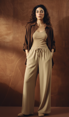 Brown Button Down Shirt With Beige Inner & Beige Flapper Trouser