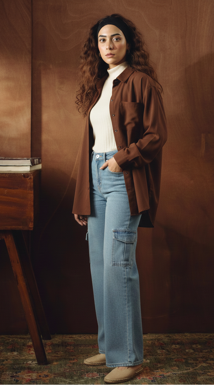 BROWN BUTTON DOWN SHIRT WITH INNER & ICE-BLUE CARGO JEANS